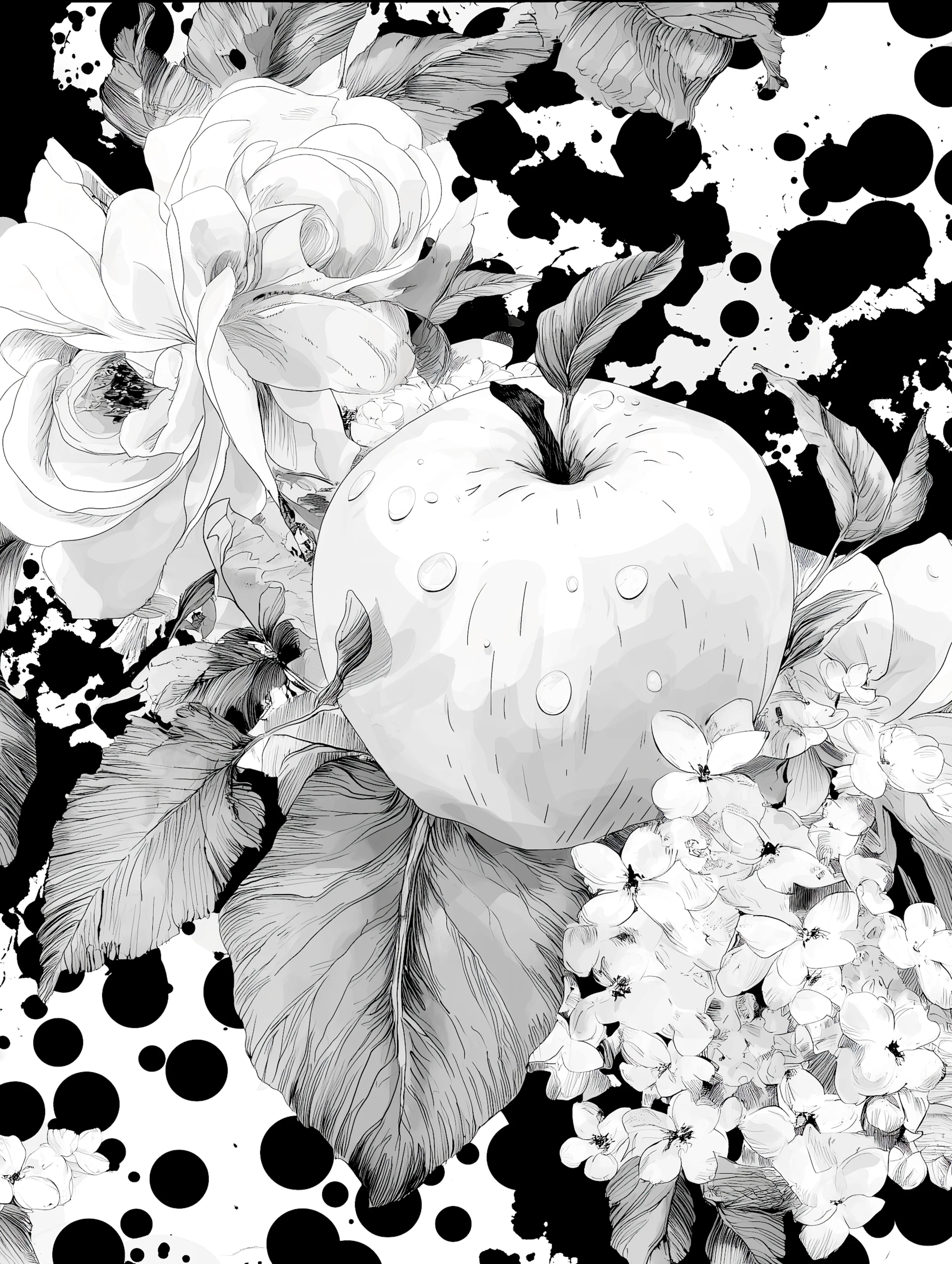 Free printable apple coloring page for adults featuring wet apple with drops on splotchy background